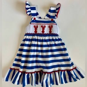 Southern Tots Striped Smocked Twirl Dress Lobster Embroidered Ruffle SZ 18M